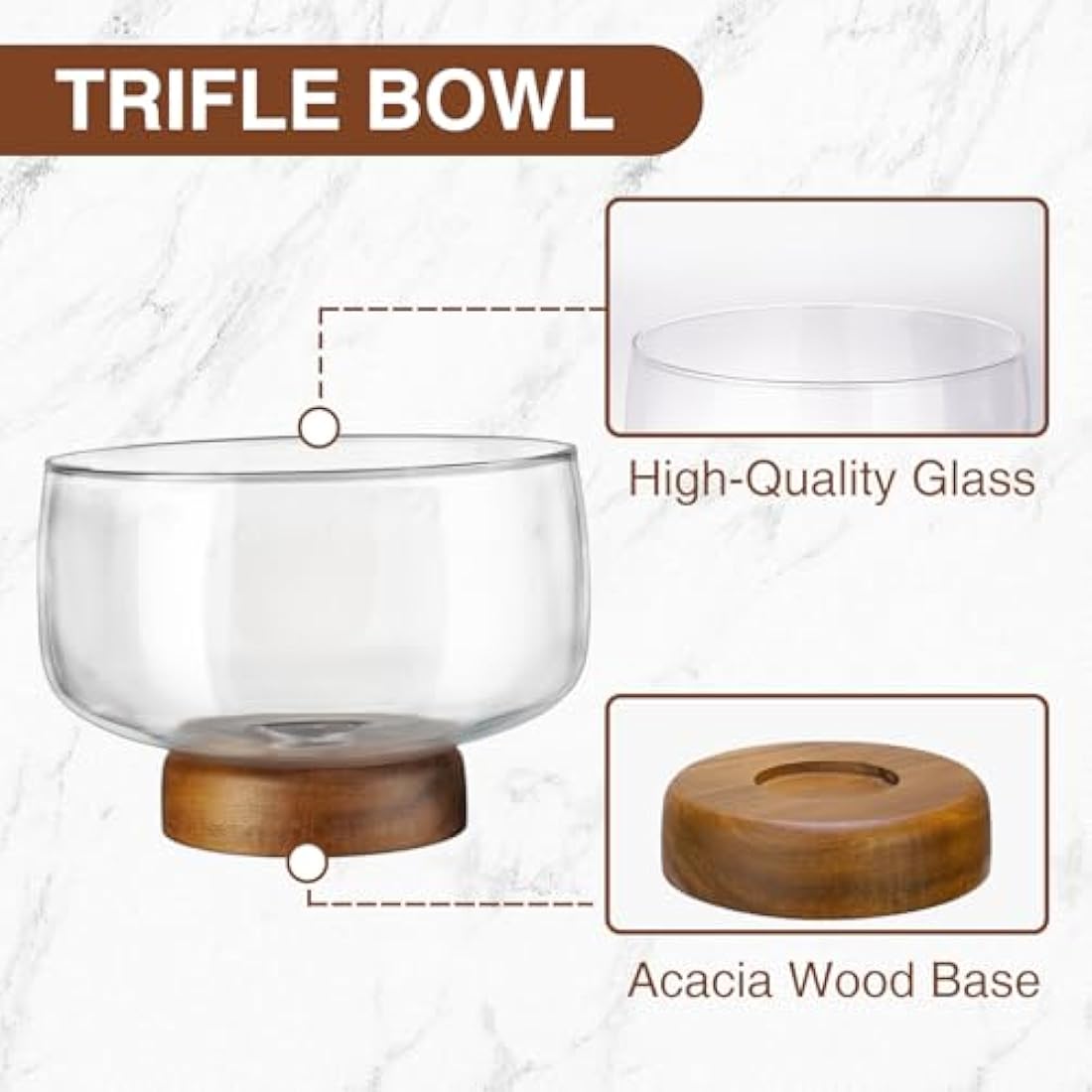NiHome 123oz/3.6L Large Glass Trifle Bowl with Elegant Acacia Wood Stand, Versatile Serving Dish for Cakes, Salads, Desserts, Stylish Display for Parties, Weddings, Special Occasions