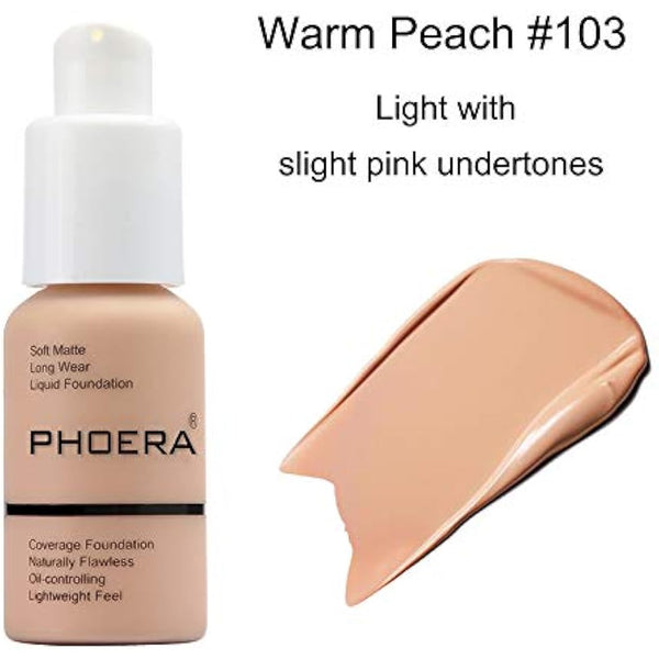 ABRUS® - Phoera Foundation Makeup, Full Coverage, Soft Matte Oil Control Concealer, Liquid Foundation, Long Lasting 24HR Waterproof and Blendable 30ml (103 Warm Peach)