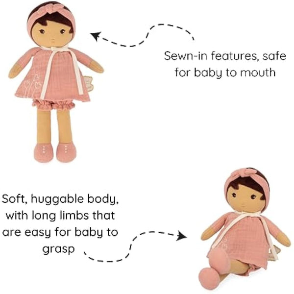 Kaloo - Tendresse - Amandine - My 1st Soft Doll - 25 cm Fabric - Pink Muslin Dress - Olive Skin - Pretty Gift Box and Customisable Ribbon - 0 Months +, K200004, MEDIUM