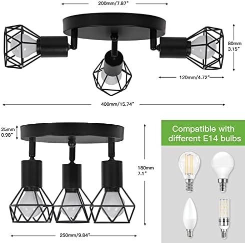 FORCOSO Spotlight Ceiling Light, Retro 3 Way Swiveling Ceiling Spotlight, Rotatable LED Wall Lights, Black Metal Lampshade for Living Room Bedroom Kitchen Loft