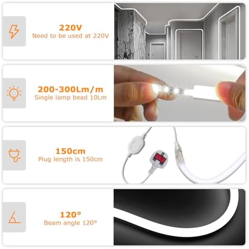 SUCIKORIO Neon Led Strip Light 5m / 16.4ft, Flexible LED Strip Lights 4000K Cuttable Waterproof IP65 Neon Rope Light 220-240V DIY LEDs Lights with UK Plug Power Supply for Bedroom, Indoor&Outdoor