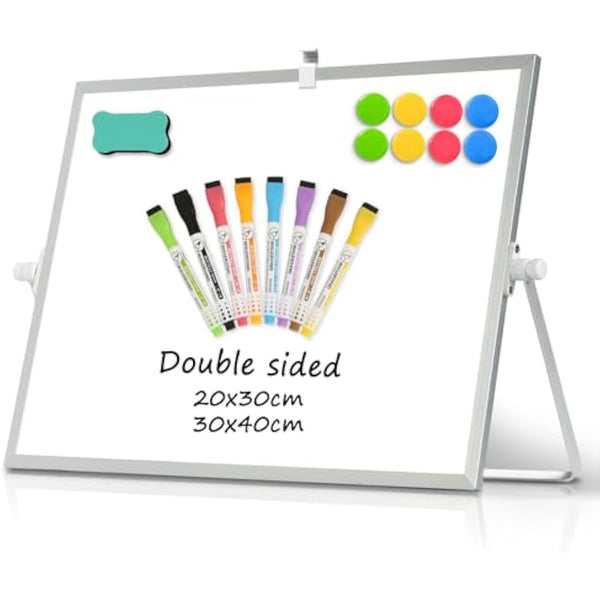 DOLLAR BOSS Magnetic Desktop Whiteboard 30x40cm Double Sided Dry Erase Small White Board with Stand, A3 Mini Whiteboard 8 Pens, 1 Eraser, 6 Magnets, for Kids Students Back to School Supplies
