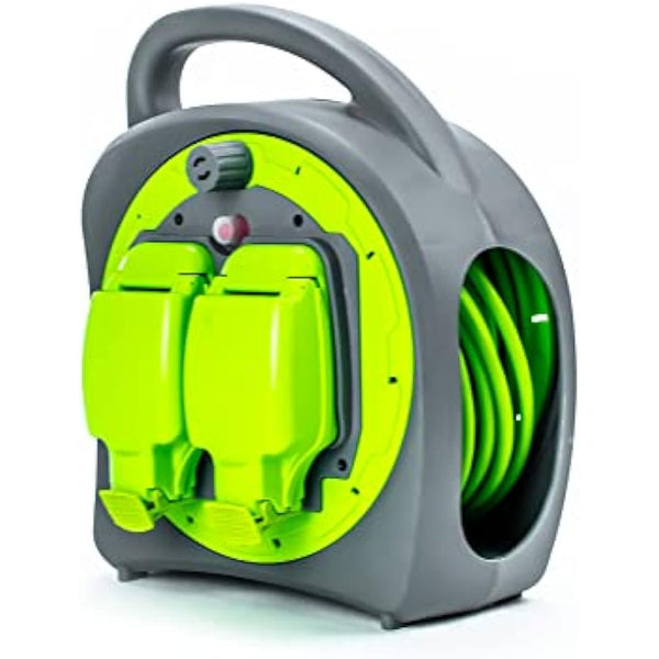 STATUS 2 Socket Cable Reel, 20m, Green, Heavy Duty Outdoor Extension Lead, 13 Amp, Thermal Cut Out, Waterproof, IP54 Rated, Ideal for Garden, Workshop, DIY Use (S20M2G13AIP54CR2)