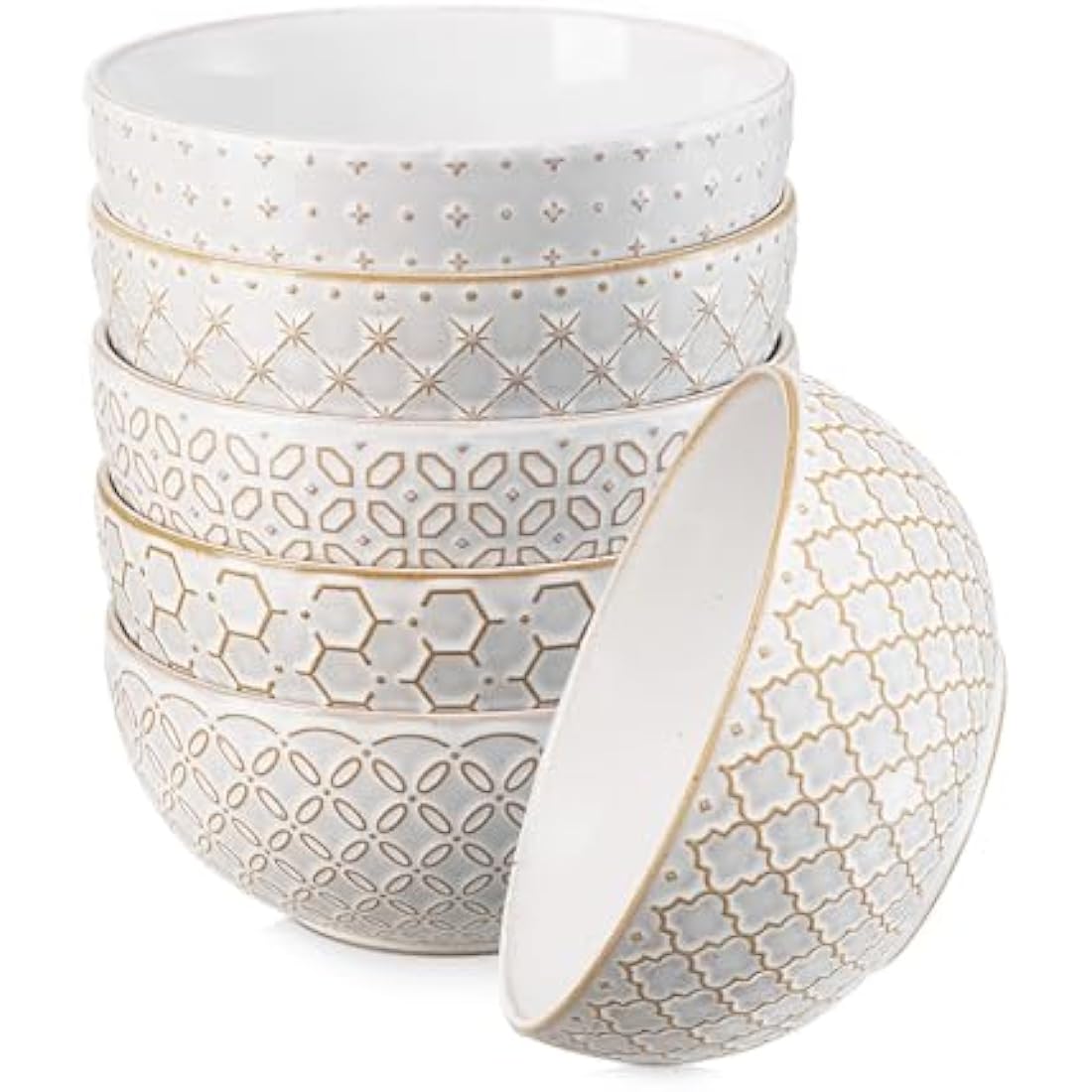 Dowan 800ml Cereal Bowls Set of 6, 15.2cm Embossed Deep Bowls for Meals - Salad, Oatmeal, Soup, Noodle & Ramen Dishes - Microwave & Dishwasher Safe - Vintage White