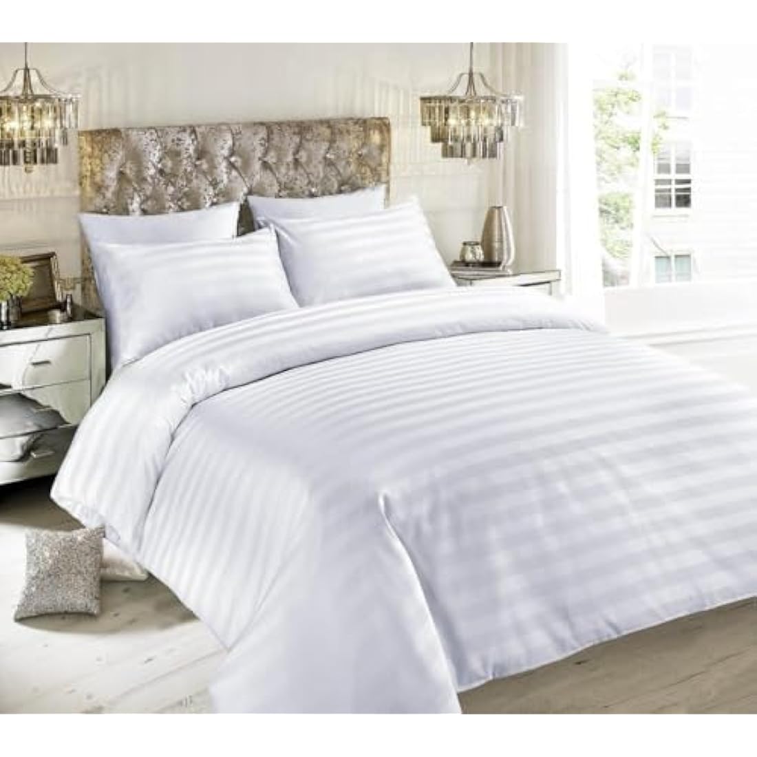 Hanfords Satin Stripe 400 Thread Count 100% Egyptian Cotton Duvet Cover Bedding Set Hotel Quality With Pillowcases 400TC (White, 3pcs, Double)