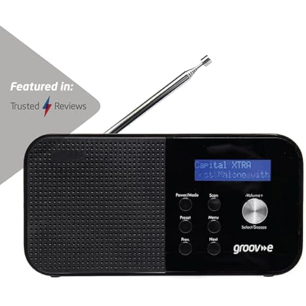 Groov-e Venice DAB & FM Digital Radio - Built-In Alarm Clock & Bluetooth Connectivity - LCD Display - Mains or Battery Operated - Portable Radio - 20 Preset Stations - Black
