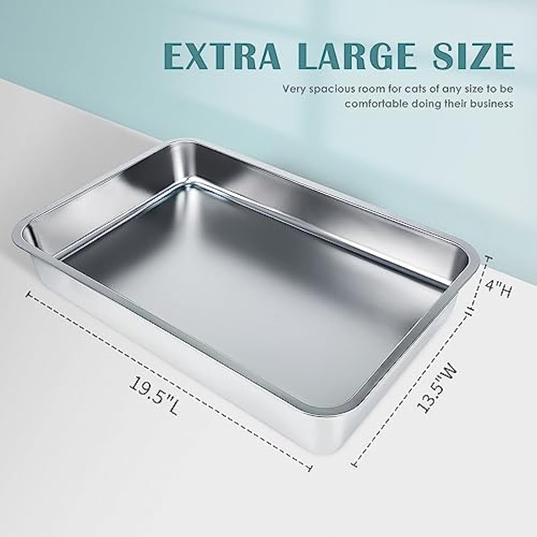 IKITCHEN Stainless Steel Cat Litter Box, Large Metal Litter Pan for Cats Rabbits, Never Absorbs Odors,Stain Free, Rustproof, Non Stick Smooth Surface, Anti-slip Rubber Bottom, 19.5"L x 13.5"W x 4"H