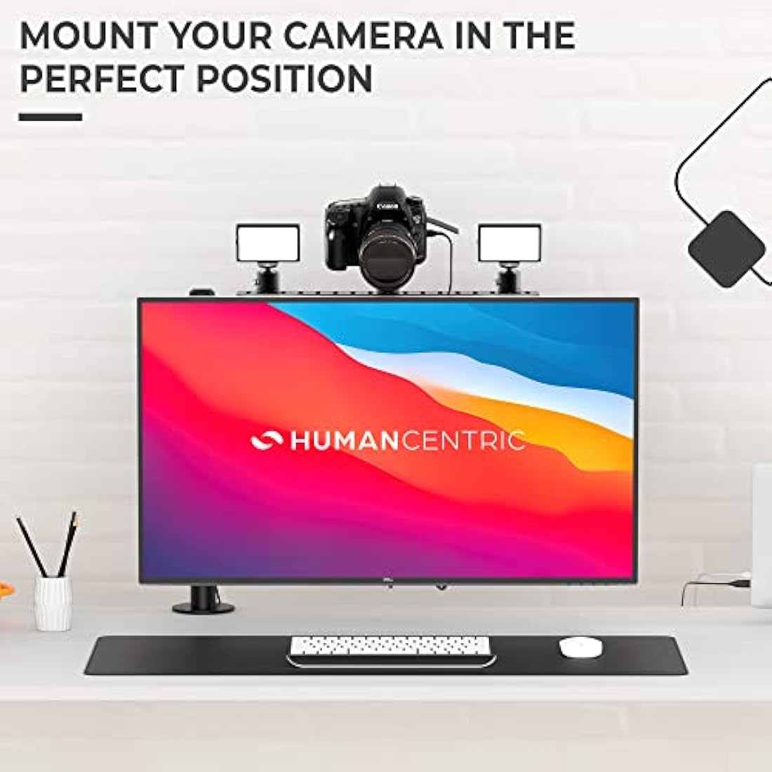 HumanCentric DSLR Monitor Mount Large, Desk Camera Mounting, Light Webcam, Microphone Shelf for Monitor VESA Arm, Replace Clamp Tripods, 100x100mm Patterns, Aluminum, Hardware Included