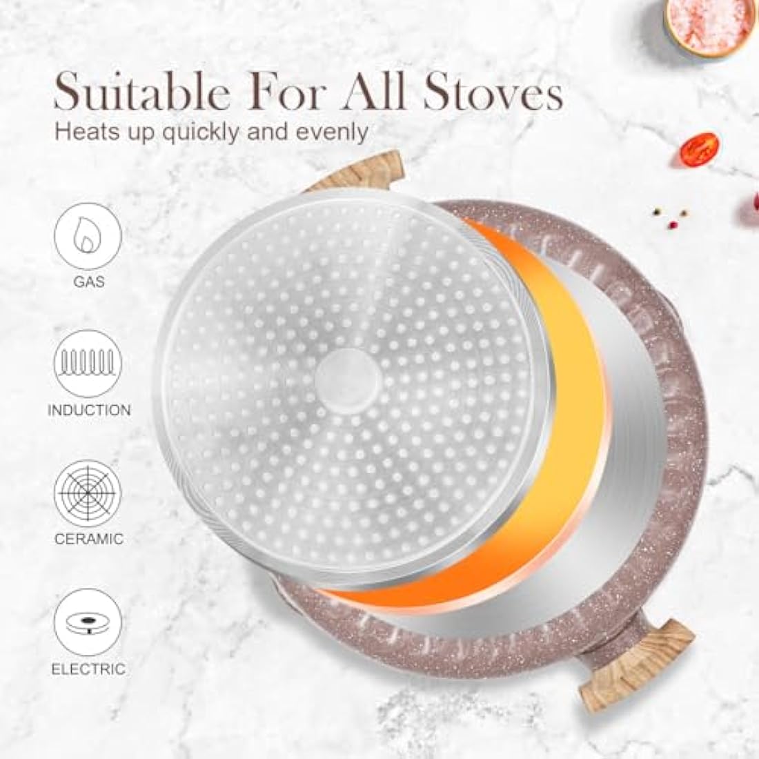 AIKENBBKK 2-in-1 Ceramic Nonstick Deep Frying Pan Skillet, 32cm Frying Pan with Lid Healthy Ceramic Non-Stick Coating, PFOA/PTFE-Free- Brown