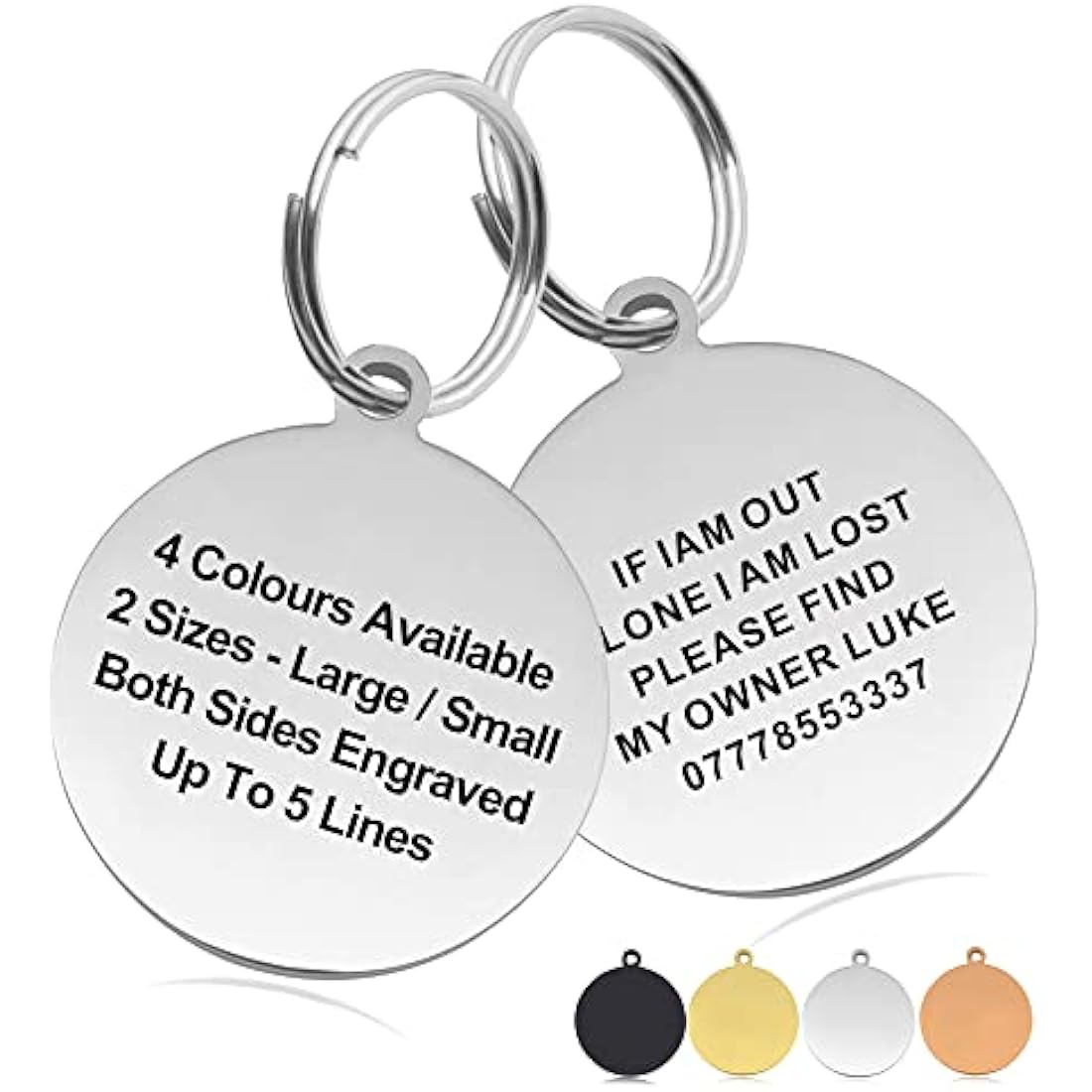 Personalised Engraved Dog Tag ID Name Tags for Cat Puppy Pet Collar Tag Hand Finished in UK (Silver(Round), L)