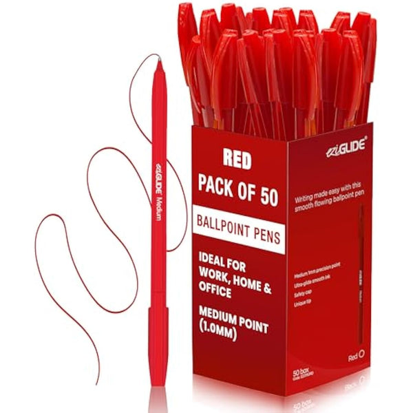 Eziglide 50-Pack Ballpoint Pen Set, Red – Fine Pens with Medium Point Nib (1.0mm) for Precise Writing & Ergonomic Grip – Quick-Dry Ink, Ideal for Adults, Home, Office, Work & Study Use