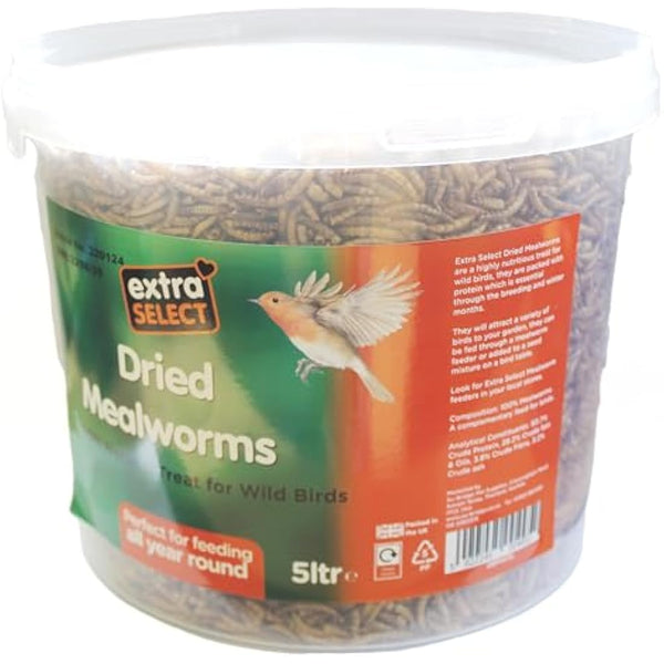 Extra Select Dried Mealworms for Wild Birds: Protein Rich Wild Bird Food for Robins to Hedgehogs - Meal Worms for Garden Birds - 5 Litre Tub