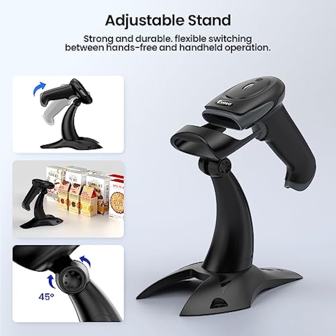 Eyoyo 2D Wireless Barcode Scanner with Stand, 2.4G Wireless & USB Wired, Cordless 2500mAh Rechargeable USB Handheld QR Bar Code Reader for PC Warehouse Inventory Management