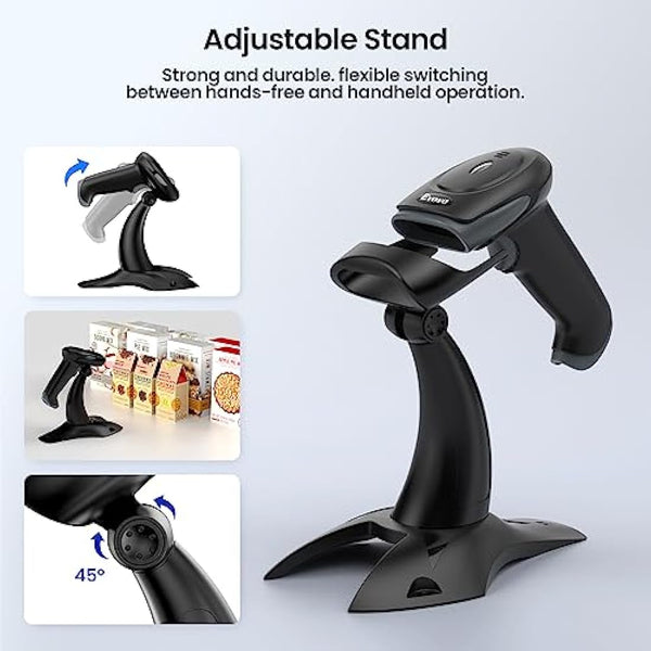 Eyoyo 2D Wireless Barcode Scanner with Stand, 2.4G Wireless & USB Wired, Cordless 2500mAh Rechargeable USB Handheld QR Bar Code Reader for PC Warehouse Inventory Management