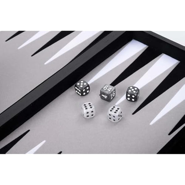 Engelhart - 250506 - Luxury Backgammon - Grey - 38 cm - 15 Inches - Faux Leather - Felt Inlay - Pearl Dice and Chips + 2 Cups - Strategy - Backgammon Game