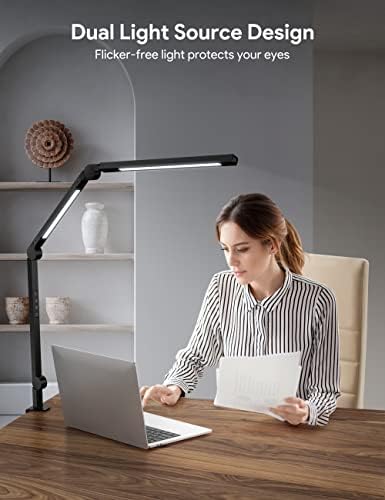 MediAcous LED Desk Lamp, Dual Light Source with Clamp, Dimmable 4 Color Modes & Brightness Swing Arm Eye-Caring Clip-on Architect Lamp Memory Function for Work Study Home Office, Black