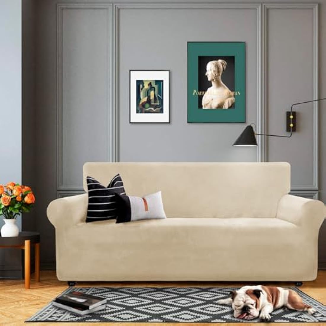 XINEAGE 1 Piece Velvet Couch Covers for 3 Cushion Couch Living Room High Stretch Sofa Cover Pets Dogs Friendly Anti Slip Thickened Slipcovers Furniture Protector (3 Seater, Camel)