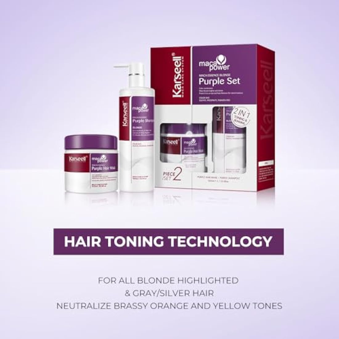 Karseell Purple Hair Mask and Purple Shampoo Set, Neutralizes Brass & Yellow Tones for Blonde, Gray, Silver Hair, 2 x 500ml