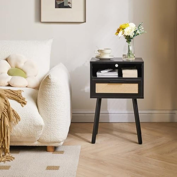 IBUYKE Rattan Nightstand, Boho Side Table with Drawer Open Shelf, Wood Accent Bedside Table, End Table with Legs for Bedroom, Living Room and Small Spaces, Black WNS009B
