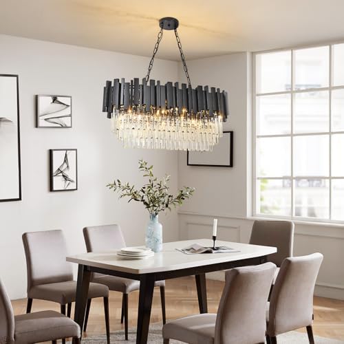AOOCHOK Modern Crystal Chandelier Black Pendant Light Fixtures, Oval Crystal Pendant Lighting for Living Room, Dining Room, Bedroom, Restaurant, E14 x 8, 80 x 35 cm