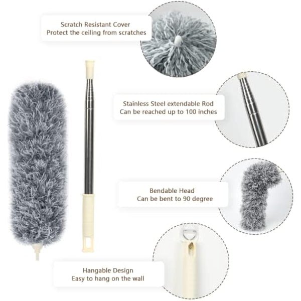 ENJSD Extendable Feather Duster,Microfiber Duster with Extra Long 100in Stainless Steel Telescopic Dusters with Scratch Resistant Cover,Perfect for Cleaning Cobweb,Ceiling Fan,Cars etc.(Grey)