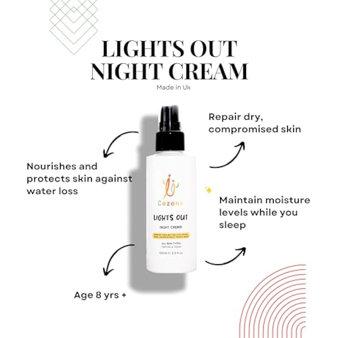 Cezons Lights Out Night Cream - Gentle Face Cream for Kids - Hyaluronic Acid Moisturiser - Fragrance-Free Skincare Gifts for Teenage Girls and boys Teen Girl Gifts, Skincare Kids Moisturiser