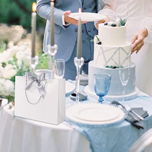 10 Pcs White Gift Bags with Silver Bow Ribbon, Paper Party Favor Bag with Handles Gift Bags Large for Wedding Graduation Birthday Party Celebration Present Bags, 12.5x10x4.3 Inches