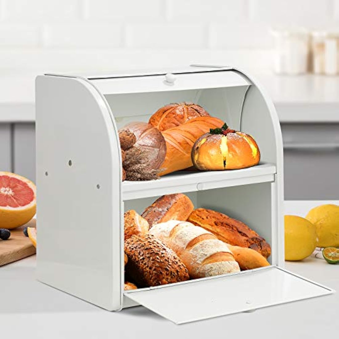 Hossejoy Metal Bread Box, Double Compartment Roll Top Countertop Bread Storage, Bread Bin Container Holder, Double Layer Breadbox Holds for your Kitchen Counter（White）