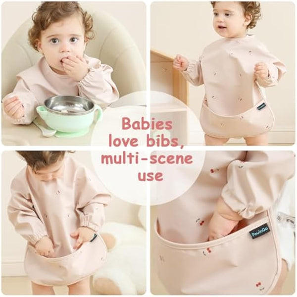PewinGo Weaning Bib with Long Sleeves & BLW, Soft and Skin-Friendly Material, Coverall Bibs for Baby Feeding, Waterproof and Easy to Clean & Machine Washable, for Baby Infant Toddlers (Pink)