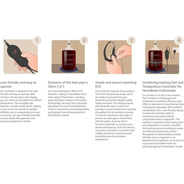 25W Heat Pad with Temperature Controller – 30cm Waterproof Mat for Fermentation, Fits Glass & Plastic Fermenters, Carboys, Buckets – Adjustable Temp 0-42°C, Includes NTC Probe & Holder