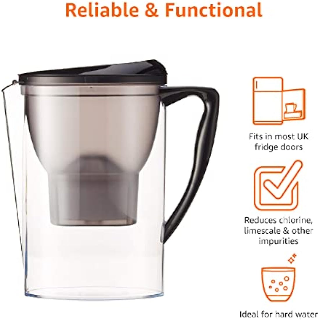 Amazon Basics 2.3L (4 Pints) Water Filter Jug with 1x30 Days Cartridge, BPA Free, Black