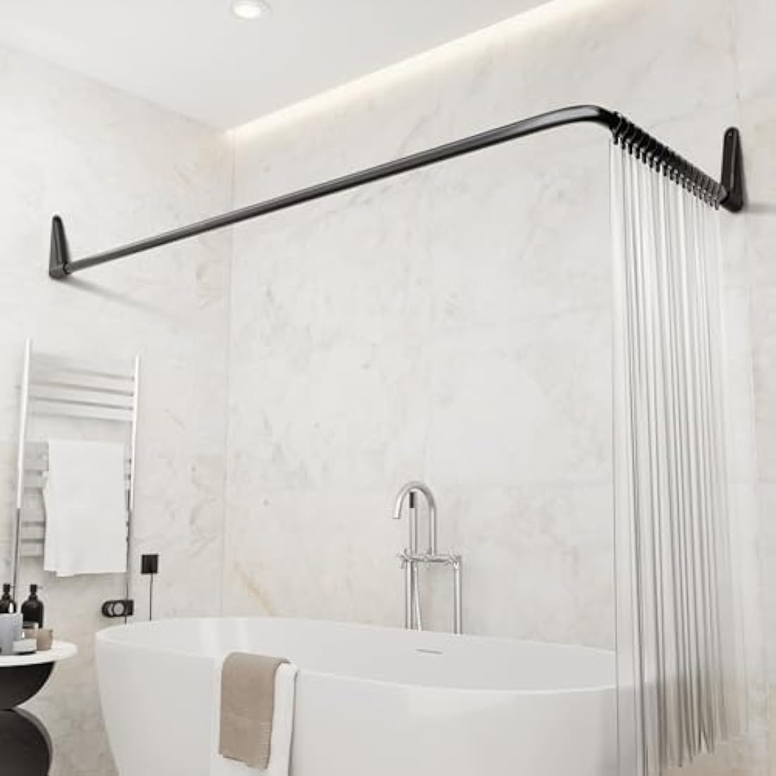Erica Shower Curtain Rail for Bathtubs, L-Shaped Shower Curtain Pole in three varations 70x90cm / 70x160 cm / 90x140 cm, Wall Mounted Shower Pole, Curved Shower Rail, Black Powder Coated Steel