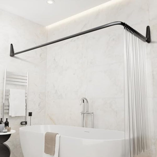 Erica Shower Curtain Rail for Bathtubs, L-Shaped Shower Curtain Pole in three varations 70x90cm / 70x160 cm / 90x140 cm, Wall Mounted Shower Pole, Curved Shower Rail, Black Powder Coated Steel