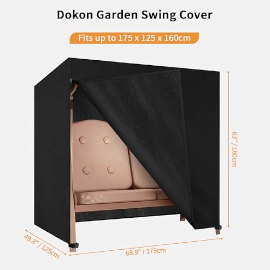 Dokon 2 Seater Garden Swing Covers Waterproof Heavy Duty Oxford Fabric Outdoor Swinging Chair Cover Windproof Anti-UV Patio Garden Hammock Cover with Zips (175x125x160cm) - Black