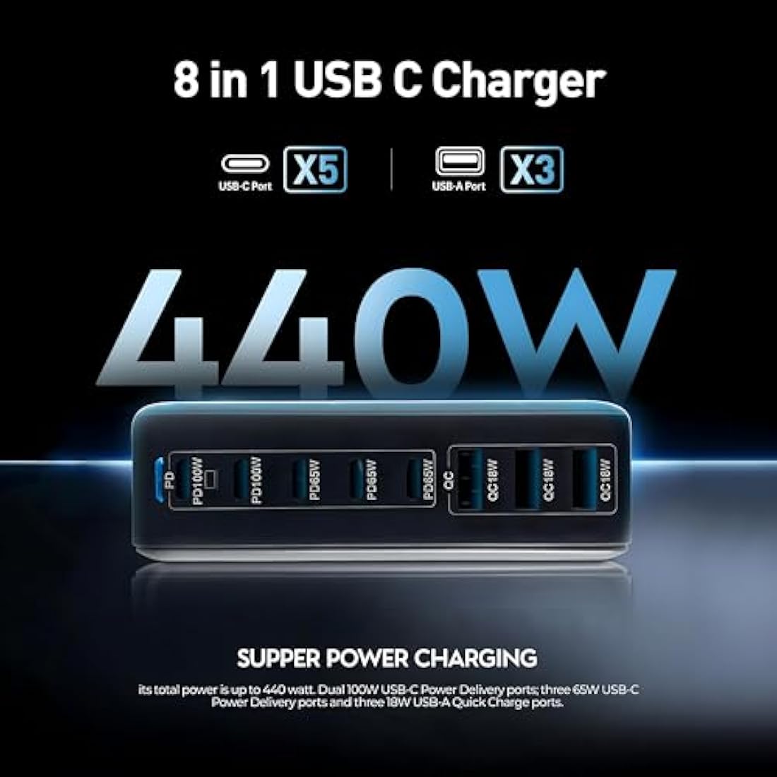 440W USB charging station - Gan Charger with 5 USB C & 3 USB A Ports, 100W 65W USB charging hub with USB C multi charger,Compatible with MacBook Lenovo Laptop iPhone iPad - 100W USBC Cable Included
