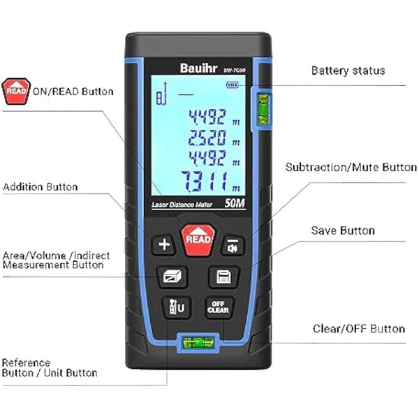 Bauihr Laser Measure Device, 50M/165ft Laser Distance Measure with 2 Bubble Levels, Portable Lazer Measurement Tool with Large Backlit LCD Display, Waterproof IP54, Battery Included