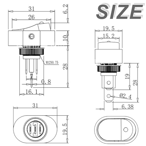 DAOKAI LED Lighted Rocker Switch 12V 30A SPST 3 Pin ON Off Toggle Switch Illuminated Red Lighted Oval Shaped Switch for Automotive Truck RV Boats - 5pcs