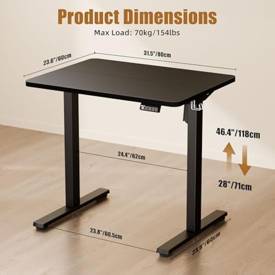ERGOMAKER Electric Height Adjustable Standing Desk 80x60cm (31.5"x23.6"), Sit Stand Desk with Splicing Top for Home Office (Black Frame + Black Desktop)