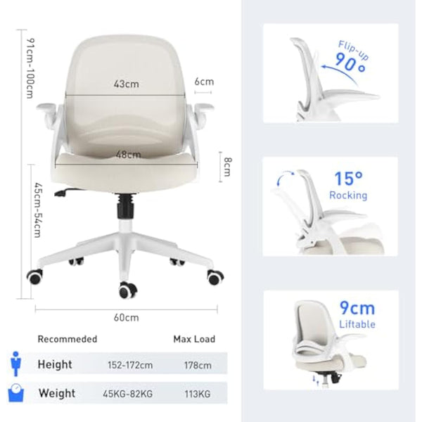 Hbada Ergonomic Office Chair with Folding Armrest, Canvas Office Chair, 360° Swivel, Grey