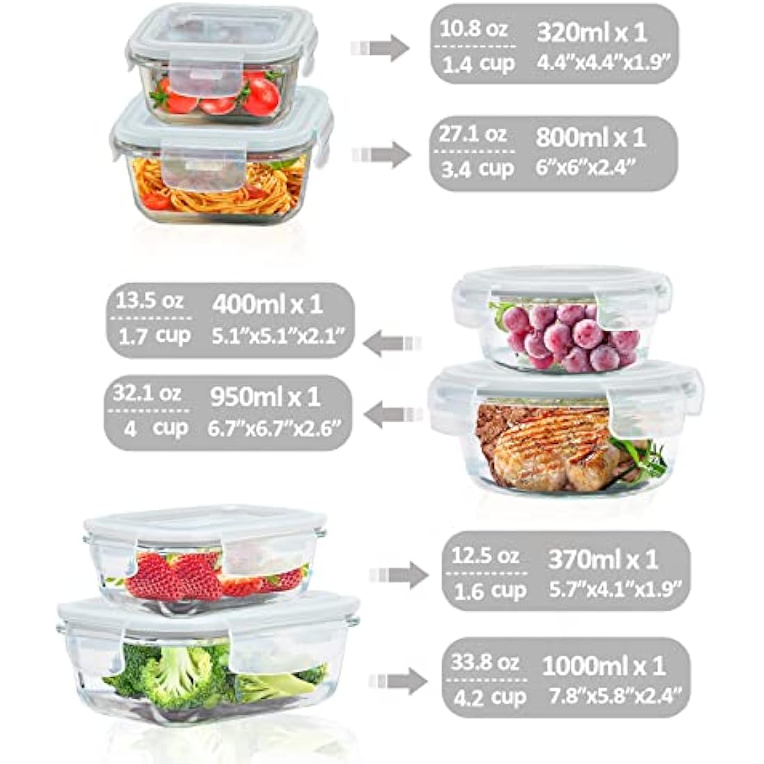 ROSOS Glass Food Storage Containers with Airtight Lids, 6 Pack Super Leak Proof Glass Containers with Lids, Not Easy Broken & BPA Free, Glass Food Containers for Freezer to Oven Safe, Grey