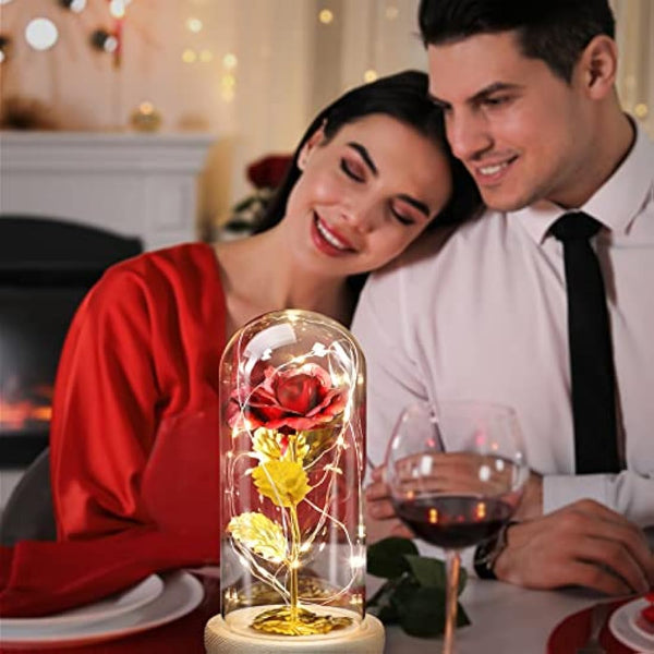 ADAZ 24K Eternal Rose for Women/Wife/Grandma/Girlfriend for Her Rose Flower Artificial Roses in Glass Dome with LED Light Strip on Mother's Day Valentine's Day,Anniversary