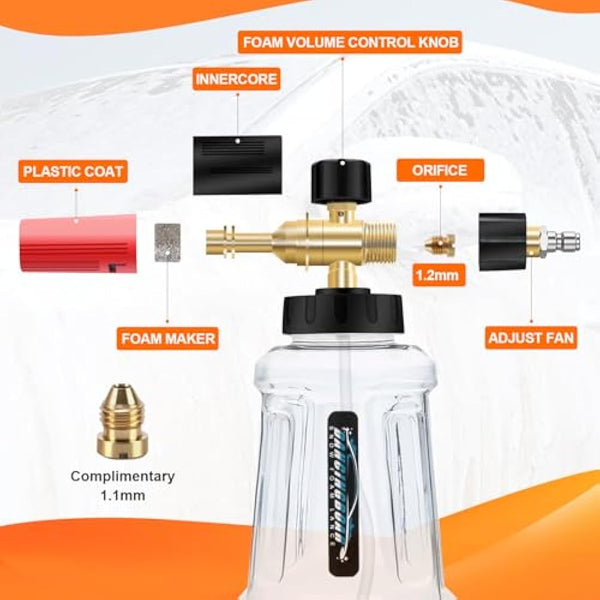 Foam Cannon Compatible with 1/4 Quick Release Pressure Washer, 1L Adjustable Snow Foam Lance Soap Dispenser with New Generation Adjustable Spray Nozzle (Black & Red)