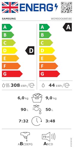 Samsung Series 6 Washer Dryer, AI Energy, Wi-Fi enabled, 9/6kg 1400rpm, White,WD90DG6B85BEU1
