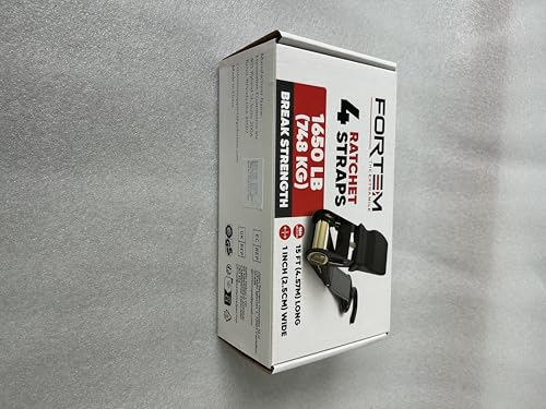 FORTEM Ratchet Straps, 748kg Break Strength, 4 Pack 4.6m x 2.54cm Tie Down Strap Set, 4 Soft Loops, Motorcycle Straps Tie Downs, Cargo Cam Buckles, Rubber Handles, Carry Bag