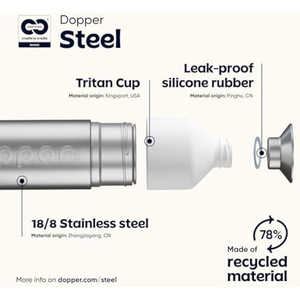 dopper Steel 1.1L Water Bottle - Stainless Steel Bottle - BPA Free Reusable 18/8 Stainless Steel Metal Sports Bottle for Sports and Office Use
