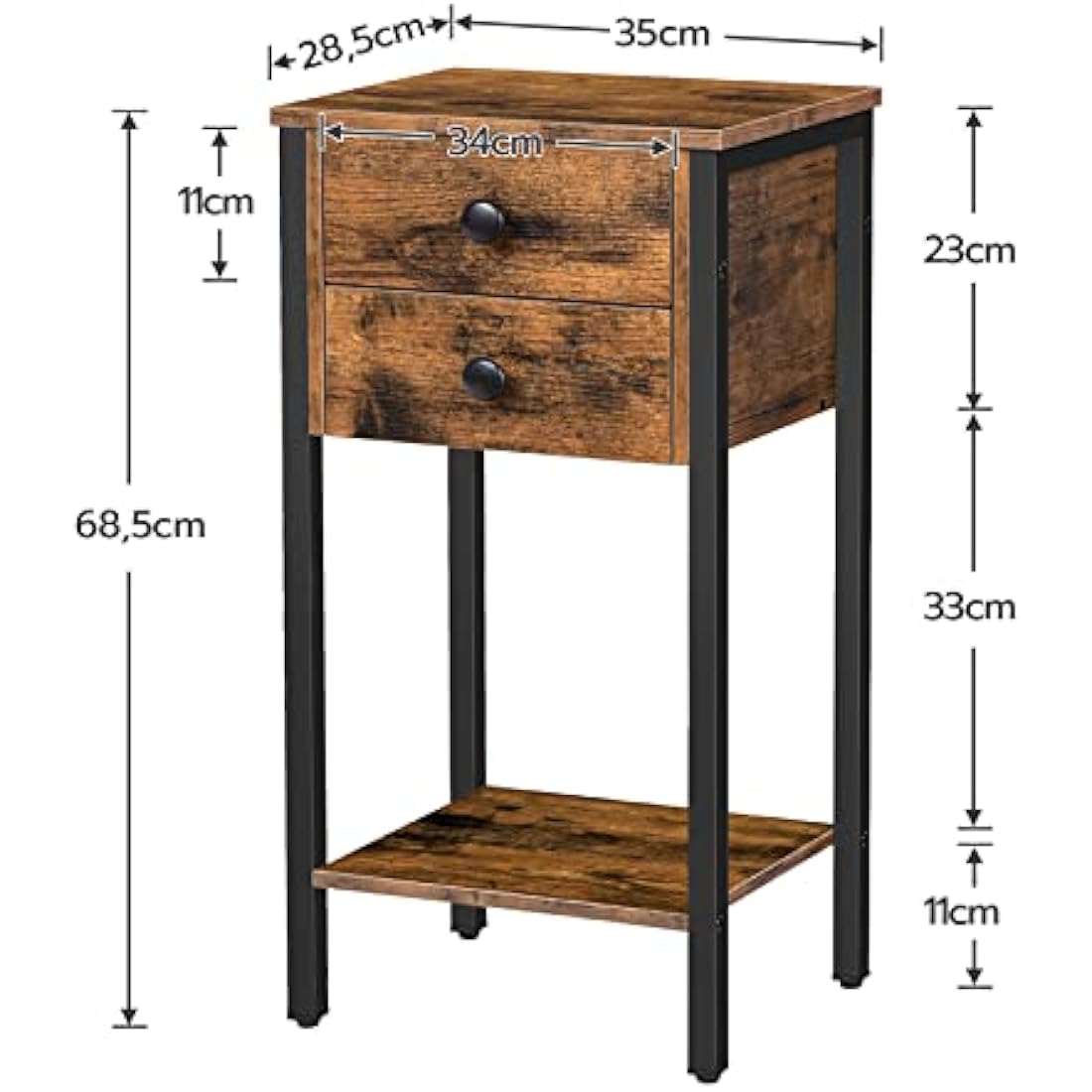 HOOBRO Tall Bedside Table, Slim Side Table with 2 Drawers, Industrial Telephone Tables for Small Spaces, Living Room, 35 x 28.5 x 68.5 cm, Rustic Brown and Black EBF72BZ01