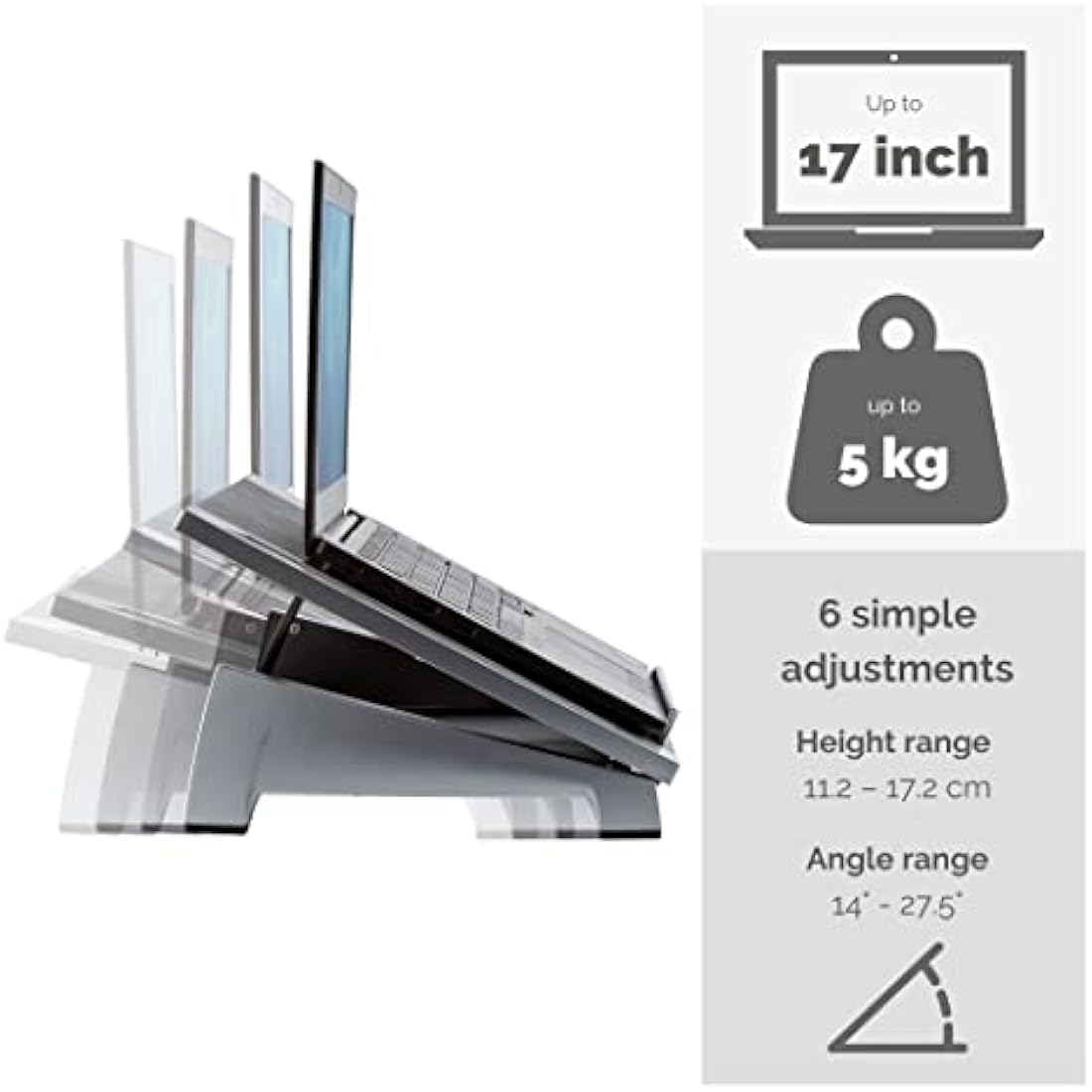 Fellowes Office Suites Laptop Stand for Desk 6 Height Adjustable Portable Laptop Riser for the Home and Office - Max Monitor Size 17", Max Weight 5KG - Black/Silver