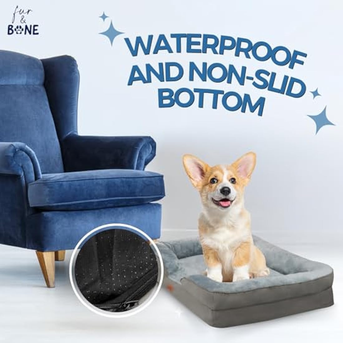 Fur & Bone Large Dog Bed (88 x 64 x 20 cm) – Dog Bed with Soft Cushion, Orthopedic Dog Beds, Removable Plush Velvet Cover, Waterproof Layer, Non-Skid Bottom - Supports Better Sleeping Positions