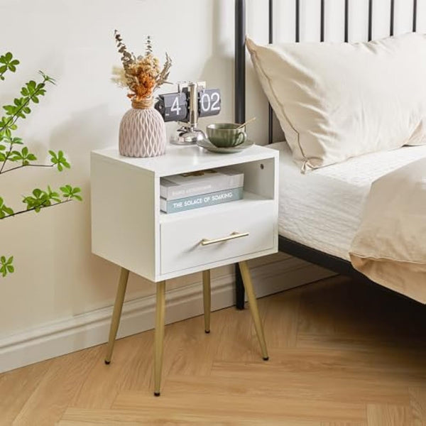 IBUYKE Nightstand, Mid-Century Modern Bedside Table with Legs, Minimalist and Practical End Side Table with 2 Tiers Storage Space, for Bedroom, Living Room, White WNS004W
