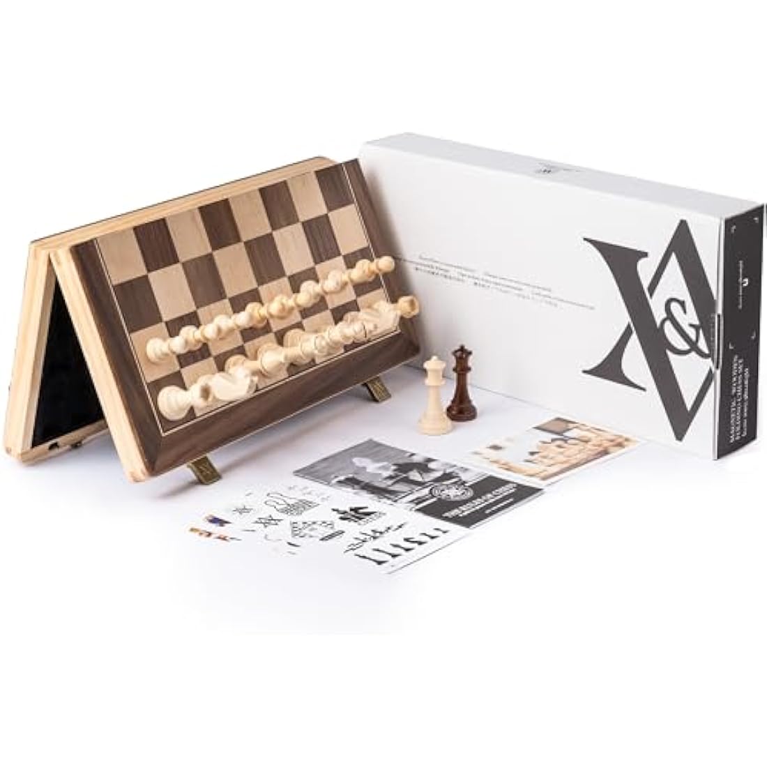 A&A 15" Magnetic Wooden Chess Set/Folding Board / 3" King Height German Knight Staunton Chess Pieces/Walnut & Maple Inlaid /2 Extra Queen